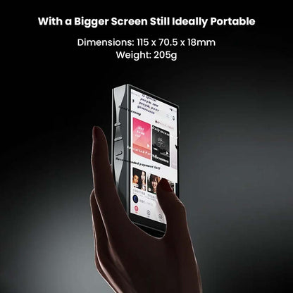 SHANLING M3 Plus Android13 DAP held in hand, highlighting its 115x70.5x18mm compact size and 205g weight for portable Hi-Res audio.