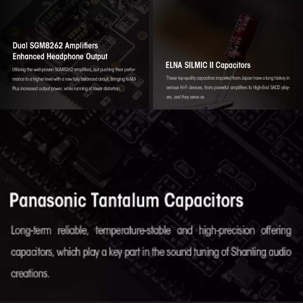 SHANLING M3 Plus includes SGM8262 amplifiers and ELNA SILMIC II capacitors for enhanced headphone output and refined audio tuning.