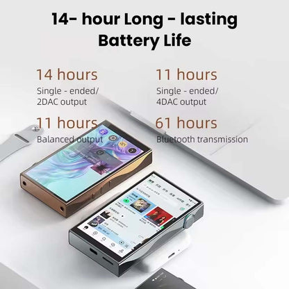 SHANLING M3 Plus offers up to 14 hours of battery life with multiple output modes including Bluetooth and 4DAC configurations.