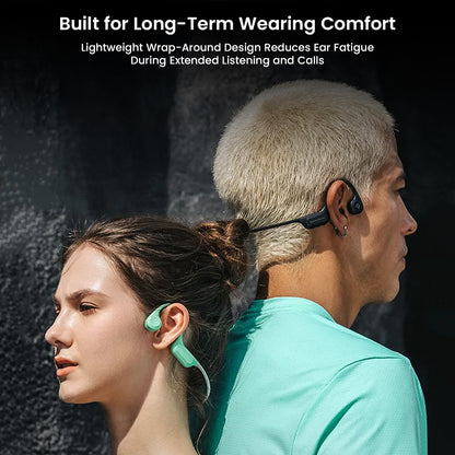 SHEYIN X7 Air bone conduction headphones shown on two users, highlighting lightweight wrap-around design for all-day comfort and reduced ear fatigue.