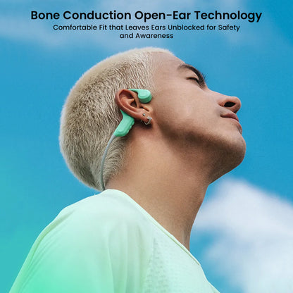 Man wearing SHEYIN X7 Air headphones outdoors, demonstrating open-ear bone conduction technology for safety and situational awareness.