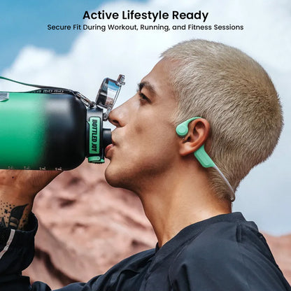 Athlete drinking water while wearing SHEYIN X7 Air headphones, showcasing secure fit for active lifestyle and fitness sessions.