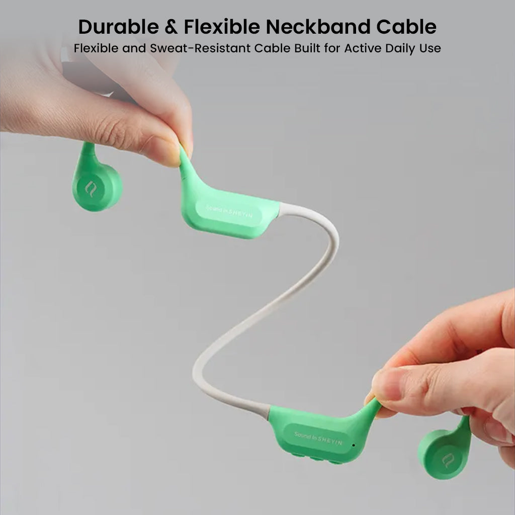 Hands flexing SHEYIN X7 Air headphones, highlighting durable and flexible neckband cable for sweat-resistant daily use.