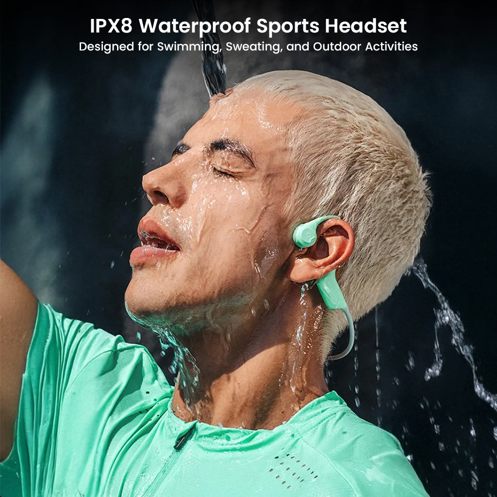 Man wearing SHEYIN X7 Air headphones under water spray, demonstrating IPX8 waterproof rating for swimming and outdoor sports.