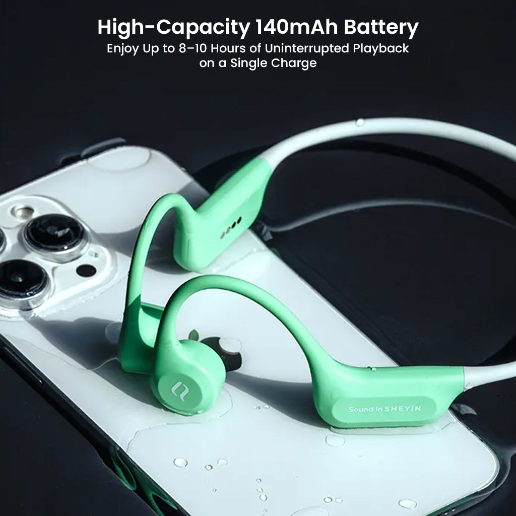 SHEYIN X7 Air headphones resting on smartphone, featuring 140mAh battery for 8–10 hours of uninterrupted Bluetooth playback.