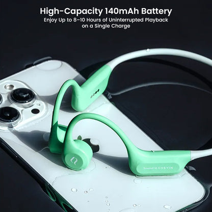 SHEYIN X7 Air headphones resting on smartphone, featuring 140mAh battery for 8–10 hours of uninterrupted Bluetooth playback.