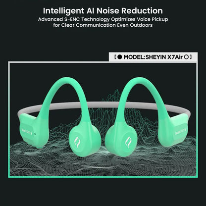 SHEYIN X7 Air headphones with AI noise reduction graphic, showcasing S-ENC technology for clear voice pickup in outdoor environments.