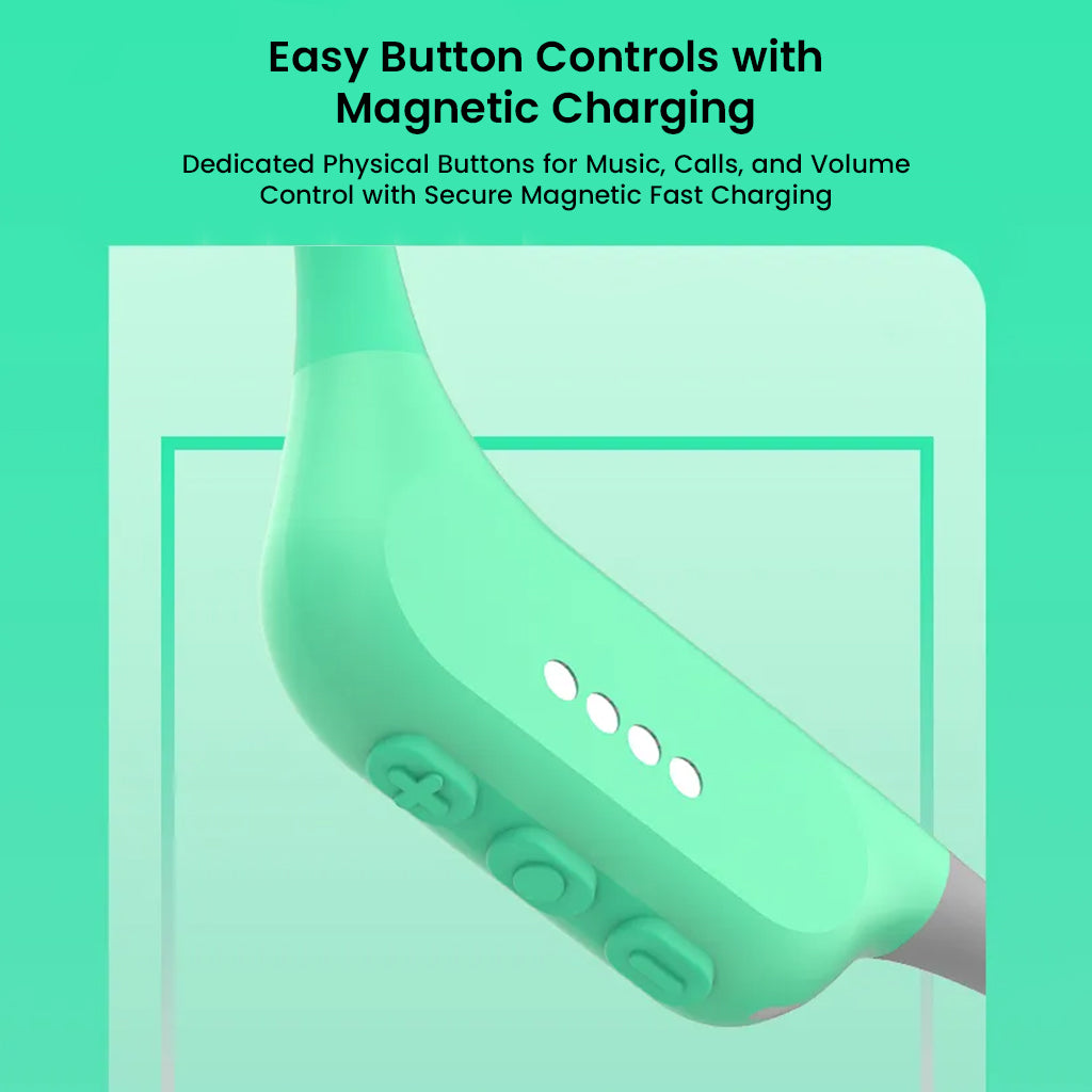 Close-up of SHEYIN X7 Air headphone controls, showing magnetic charging port and physical buttons for music, calls, and volume.
