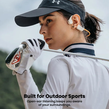 Woman wearing SHEYIN - X9 IPX8 Bone Conduction Bluetooth Headphones while golfing, promoting open-ear safety for outdoor sports.