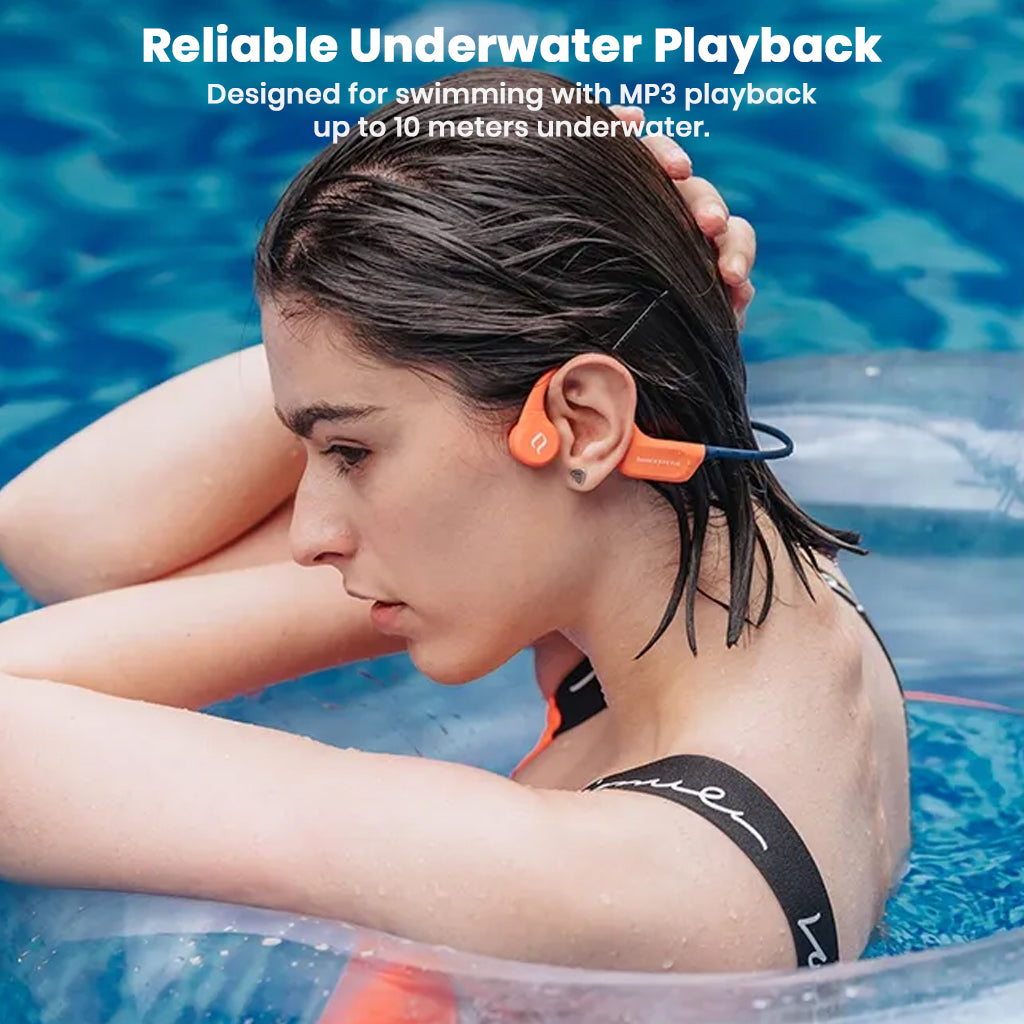 Woman in pool using SHEYIN - X9 IPX8 Bone Conduction Bluetooth Headphones, designed for underwater MP3 playback up to 10 meters.