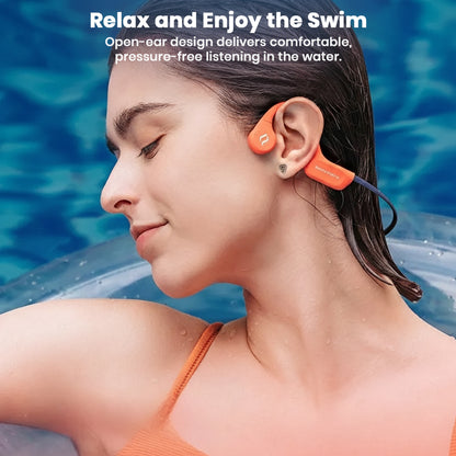 Relaxed swimmer wearing SHEYIN - X9 IPX8 Bone Conduction Bluetooth Headphones, enjoying open-ear comfort and waterproof design.
