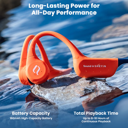 SHEYIN - X9 IPX8 Bone Conduction Bluetooth Headphones on wet rock, highlighting 10-hour battery life and waterproof performance.