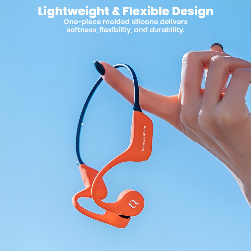 Hand holding SHEYIN - X9 IPX8 Bone Conduction Bluetooth Headphones, showcasing lightweight, flexible silicone design for comfort.