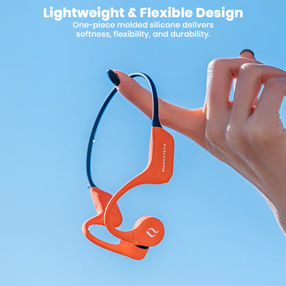 Hand holding SHEYIN - X9 IPX8 Bone Conduction Bluetooth Headphones, showcasing lightweight, flexible silicone design for comfort.