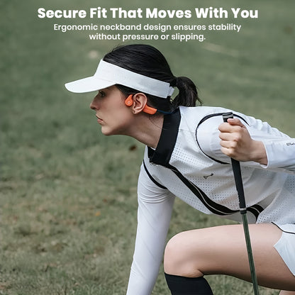 Woman wearing SHEYIN - X9 IPX8 Bone Conduction Bluetooth Headphones while golfing, showing secure fit and stability during movement.