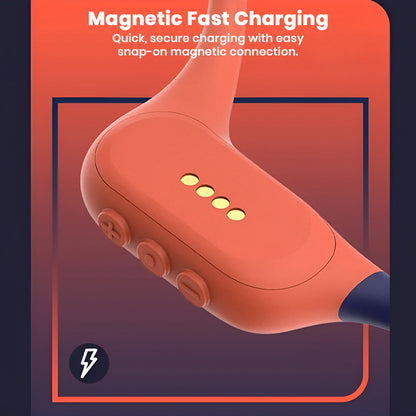 Close-up of SHEYIN - X9 IPX8 Bone Conduction Bluetooth Headphones magnetic charging port with snap-on fast charging feature.