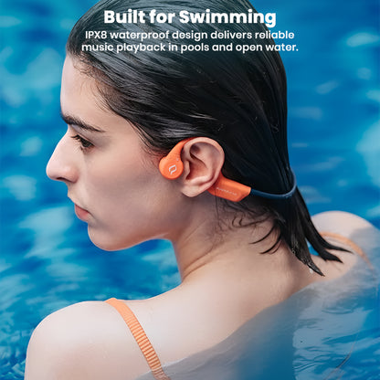 Woman swimming with SHEYIN - X9 IPX8 Bone Conduction Bluetooth Headphones, emphasizing waterproof IPX8 rating for pool use.