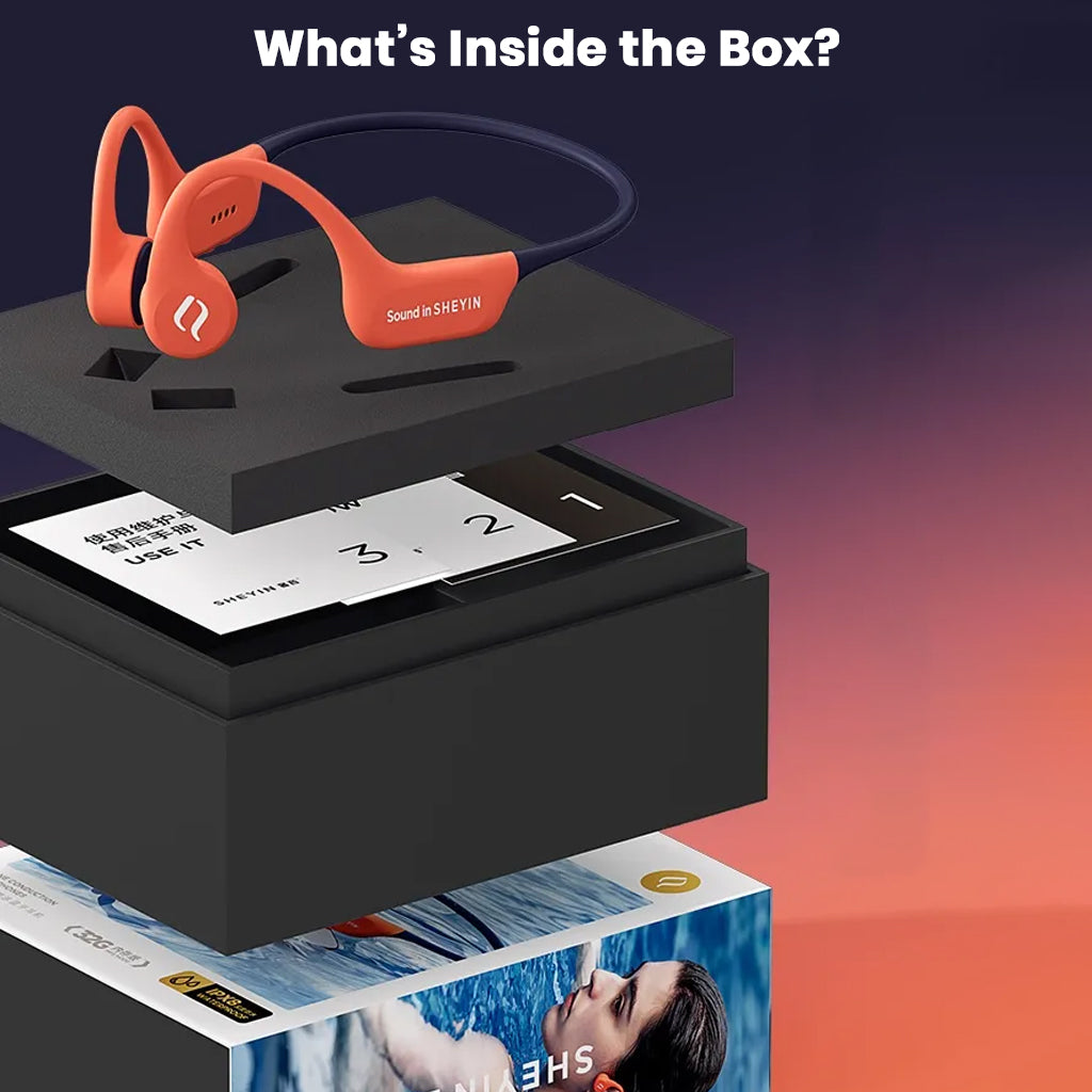 Unboxing SHEYIN - X9 IPX8 Bone Conduction Bluetooth Headphones with accessories and packaging contents displayed in black box.