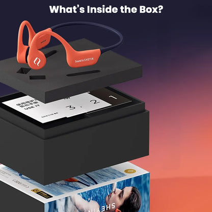 Unboxing SHEYIN - X9 IPX8 Bone Conduction Bluetooth Headphones with accessories and packaging contents displayed in black box.
