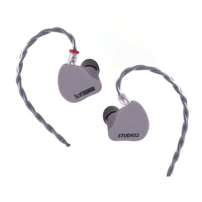 SOFTEARS STUDIO 2 Dual BA Drivers Professional In-Ear Monitors with ergonomic gray shells and braided detachable cables, ideal for stage use.