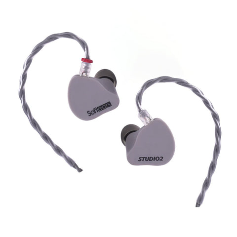 SOFTEARS STUDIO 2 Dual BA Drivers Professional In-Ear Monitors with ergonomic gray shells and braided detachable cables, ideal for stage use.