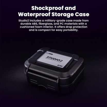 SOFTEARS STUDIO 2 in-ear monitors storage case with shockproof and waterproof design, made from ABS, fiberglass, and PC for durability.