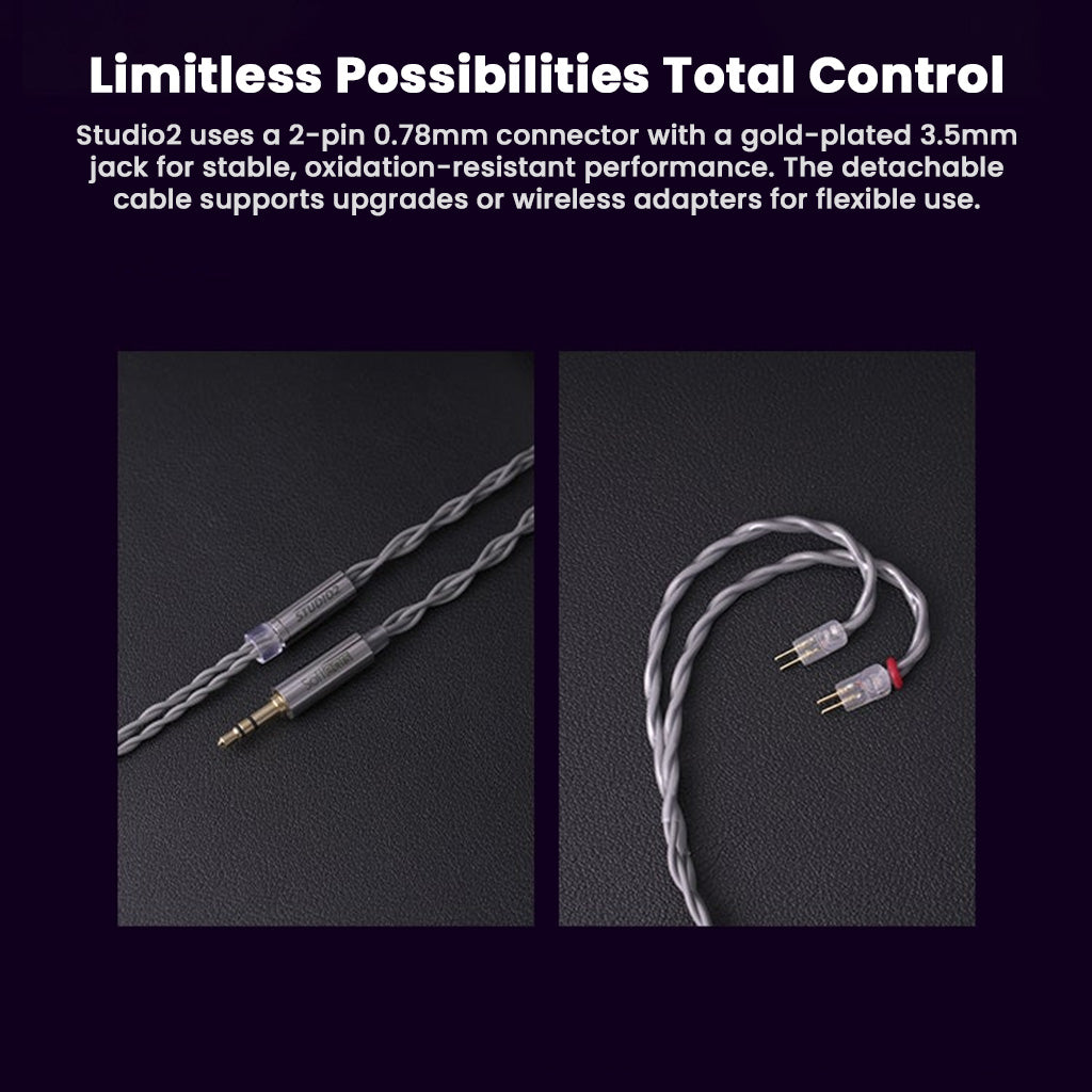 SOFTEARS STUDIO 2 In-Ear Monitors with 2-pin 0.78mm connectors and gold-plated 3.5mm jack for stable, high-quality audio performance.