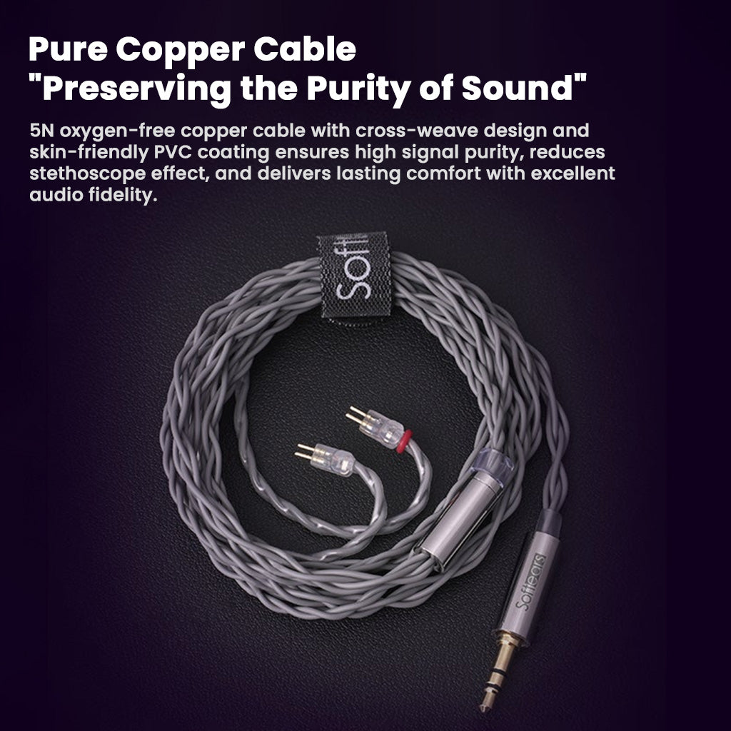 SOFTEARS STUDIO 2 pure copper cable with 5N oxygen-free wire and cross-weave design for high signal purity and reduced stethoscope effect.