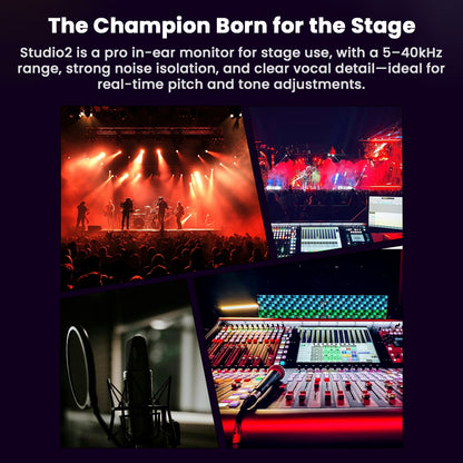 SOFTEARS STUDIO 2 Dual BA Drivers Professional In-Ear Monitors ideal for stage use, shown with live concert, mixing consoles, and vocal recording setup.