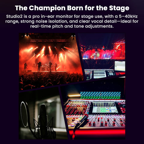 SOFTEARS STUDIO 2 Dual BA Drivers Professional In-Ear Monitors ideal for stage use, shown with live concert, mixing consoles, and vocal recording setup.