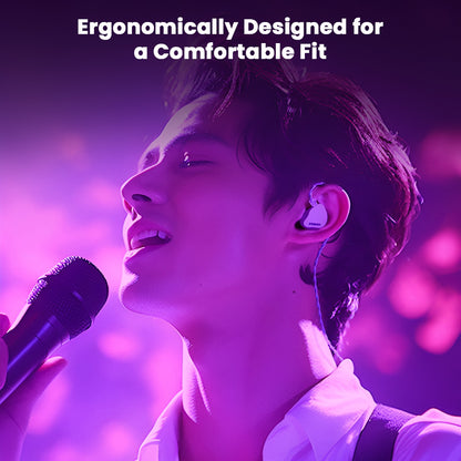 SOFTEARS - STUDIO 2 Dual BA Drivers Professional In-Ear Monitors worn by a singer on stage, showcasing ergonomic design for a comfortable fit.