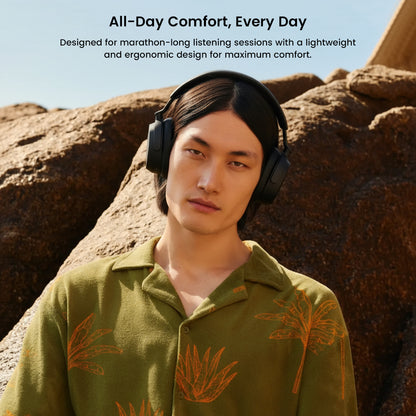 Sennheiser ACCENTUM Wireless Over-Ear Headphones worn by model, emphasizing ergonomic design for all-day comfort and long listening sessions.