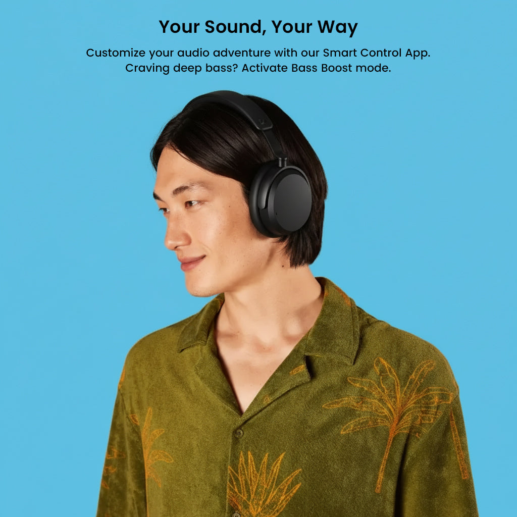 User wearing Sennheiser ACCENTUM Wireless Over-Ear Headphones against blue background, promoting customizable sound via Smart Control App.