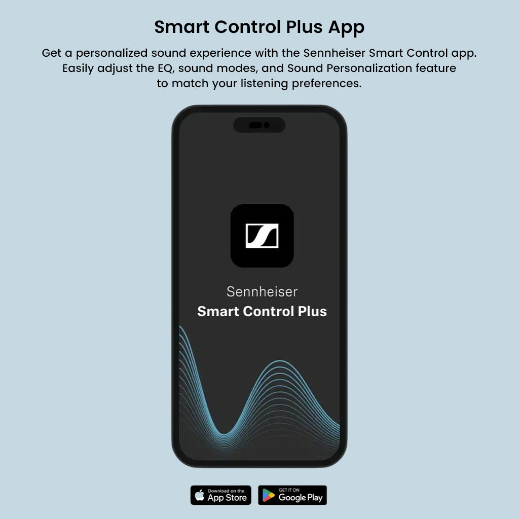 Sennheiser Smart Control Plus App interface on smartphone, enabling EQ, sound modes, and personalization for ACCENTUM Wireless Headphones.