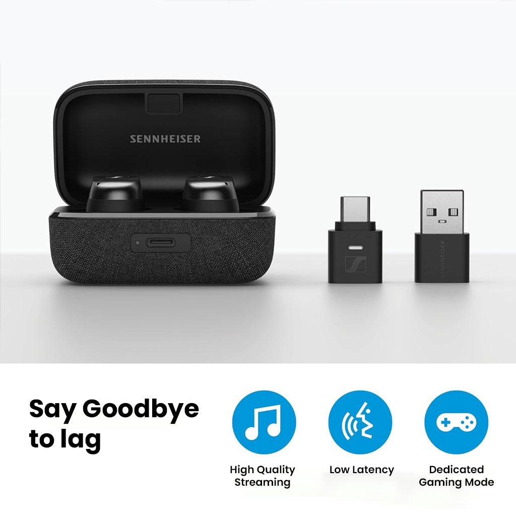 Sennheiser BTD - 700 Bluetooth Dongle next to earbuds case, emphasizing low latency, high-quality streaming, and gaming mode support.
