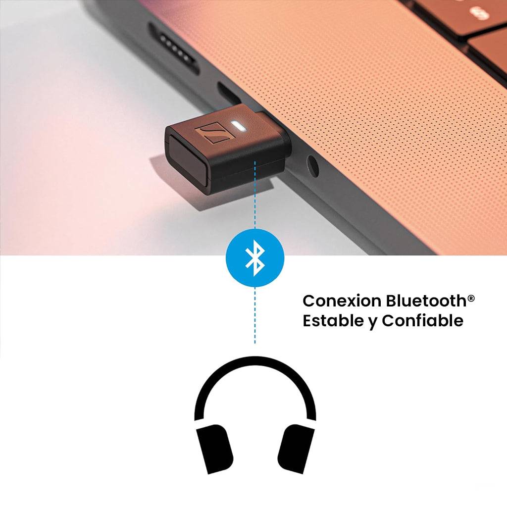Sennheiser BTD - 700 Bluetooth Dongle plugged into a laptop with icon indicating stable and reliable Bluetooth connection to headphones.