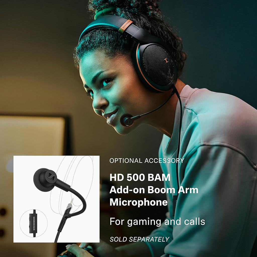 Optional HD 500 BAM boom arm microphone accessory for Sennheiser HD 599 SE headphones, ideal for gaming and voice calls.