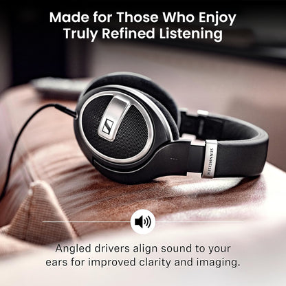 Sennheiser HD 599 SE headphones with angled drivers for enhanced clarity and imaging, perfect for refined audio listening.