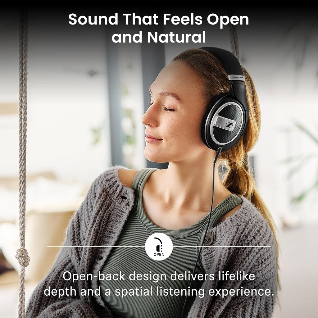 Woman relaxing with Sennheiser HD 599 SE headphones, showcasing open-back design for lifelike depth and spatial sound.