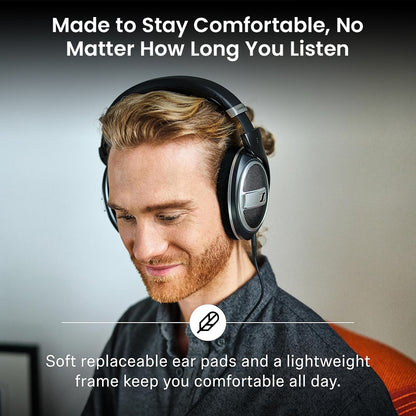 Sennheiser HD 599 SE headphones with soft ear pads and lightweight frame, offering all-day comfort for extended listening.