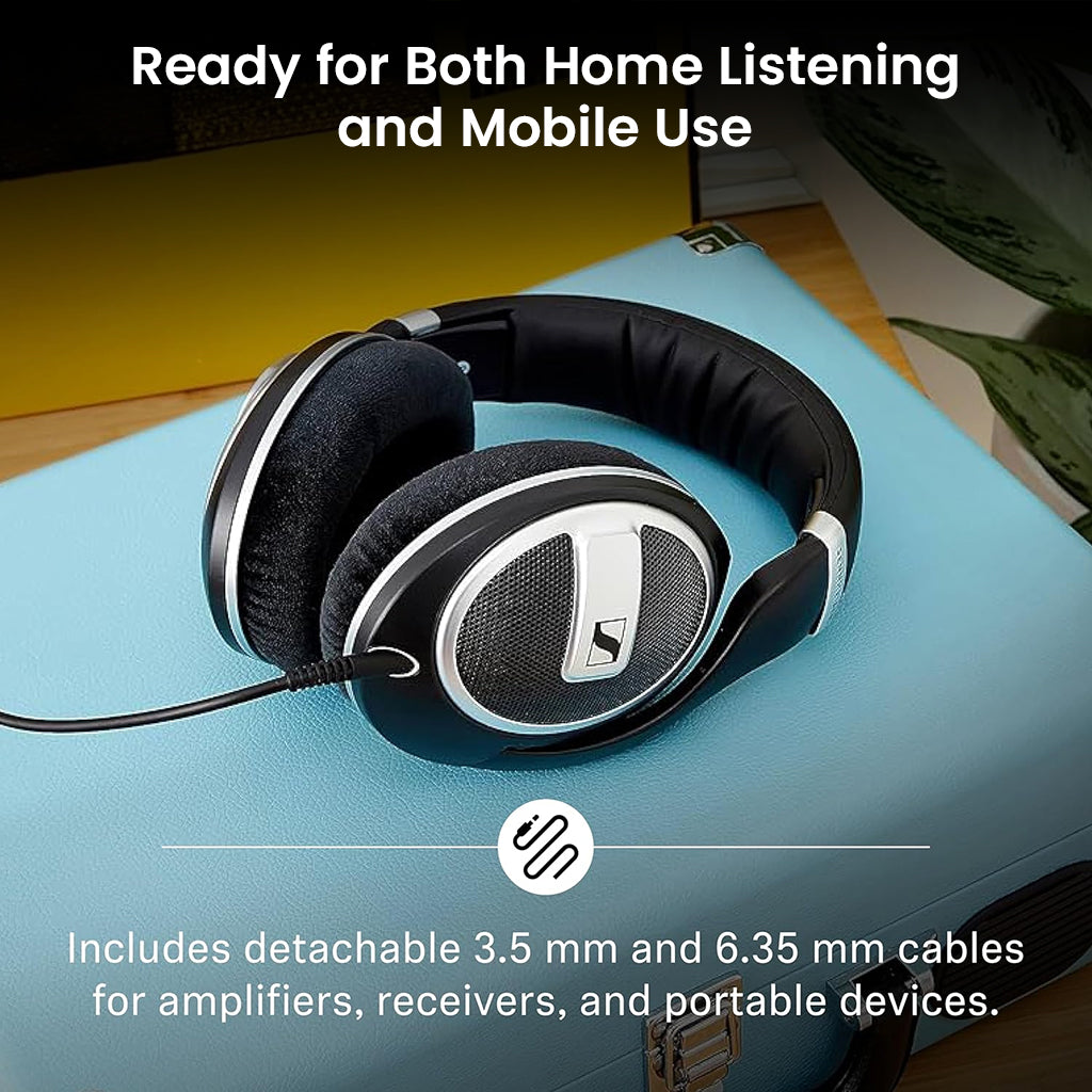 Sennheiser HD 599 SE headphones with detachable 3.5 mm and 6.35 mm cables, suitable for home and mobile audio use.
