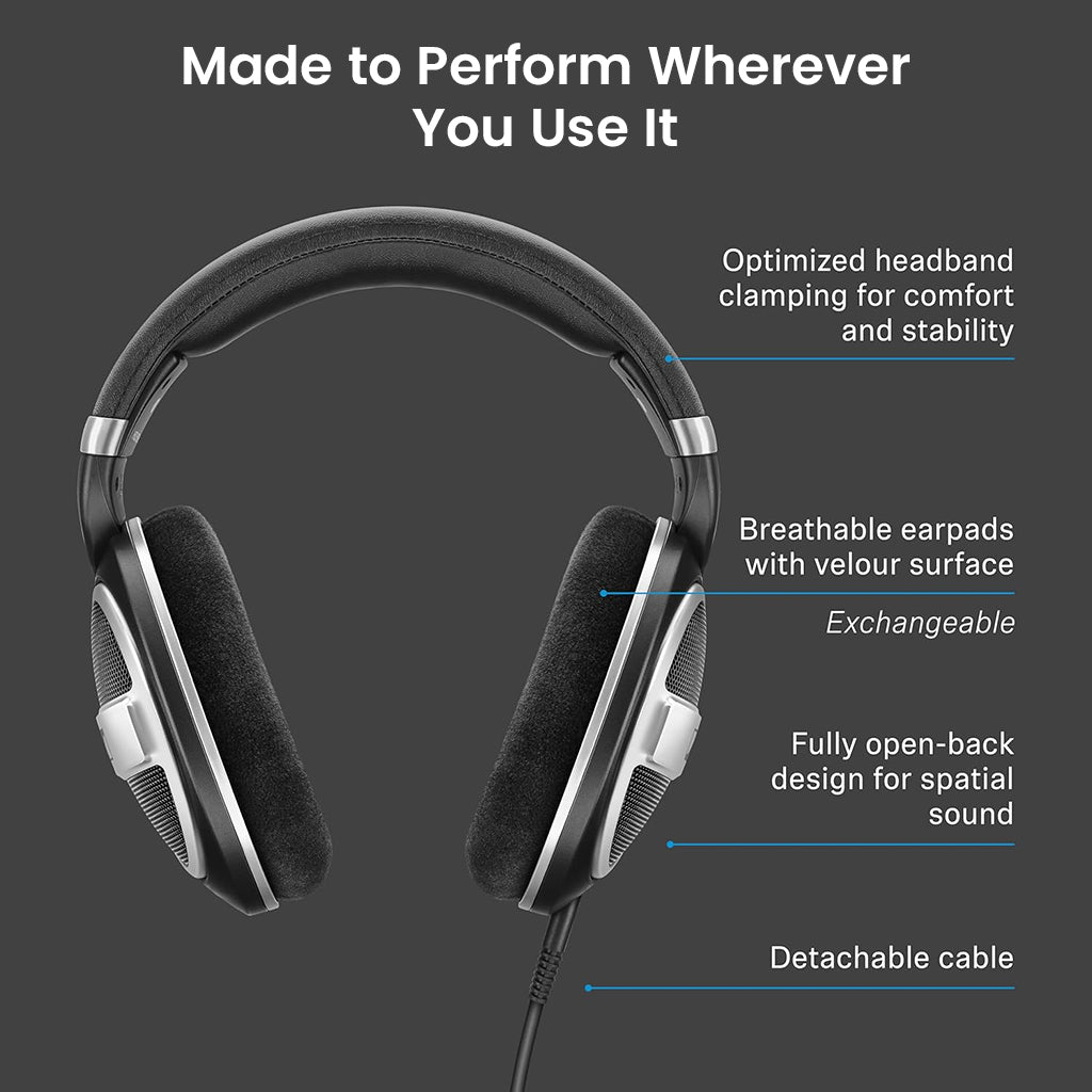 Detailed view of Sennheiser HD 599 SE headphones highlighting breathable velour earpads, detachable cable, and open-back design.