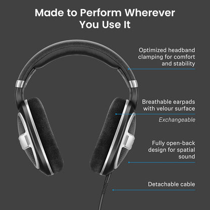 Detailed view of Sennheiser HD 599 SE headphones highlighting breathable velour earpads, detachable cable, and open-back design.