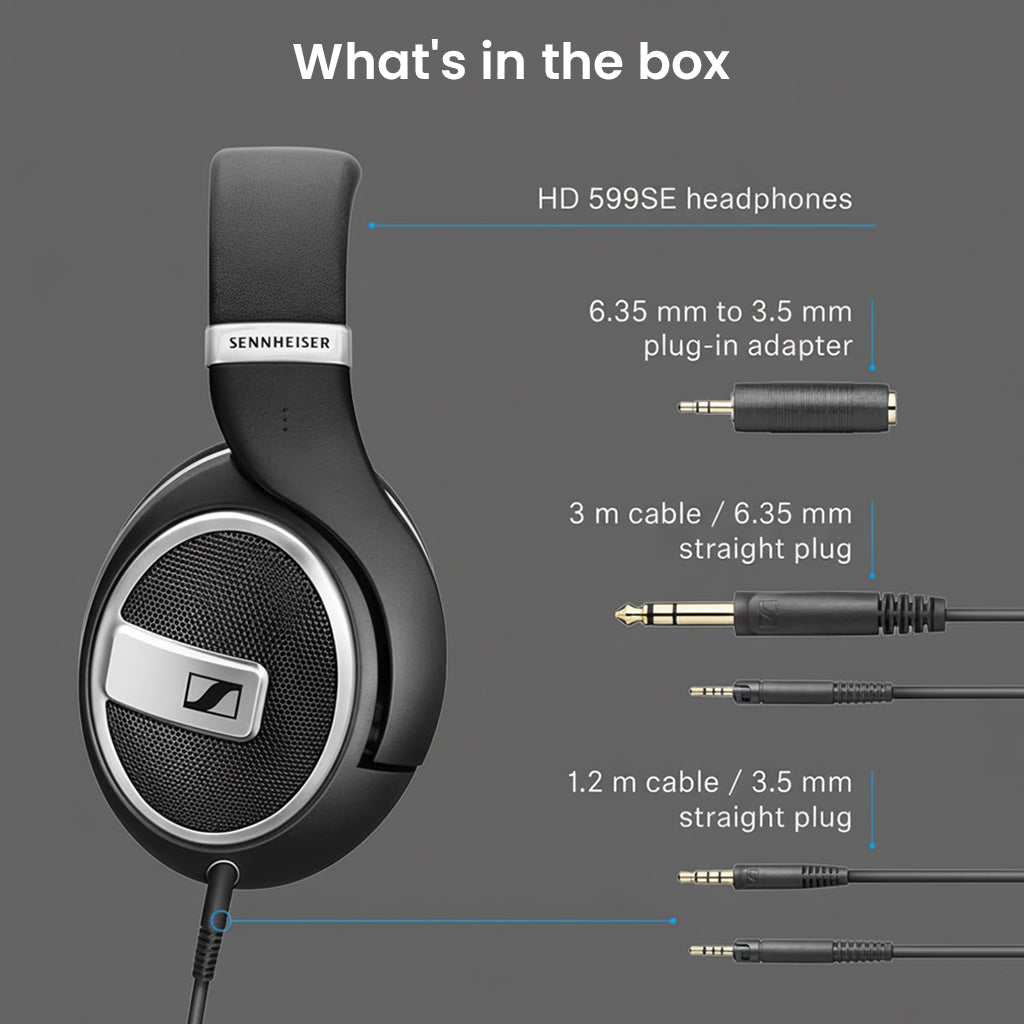 Sennheiser HD 599 SE headphone package contents including 3.5 mm and 6.35 mm cables and plug-in adapter for versatile connectivity.