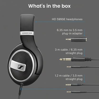 Sennheiser HD 599 SE headphone package contents including 3.5 mm and 6.35 mm cables and plug-in adapter for versatile connectivity.