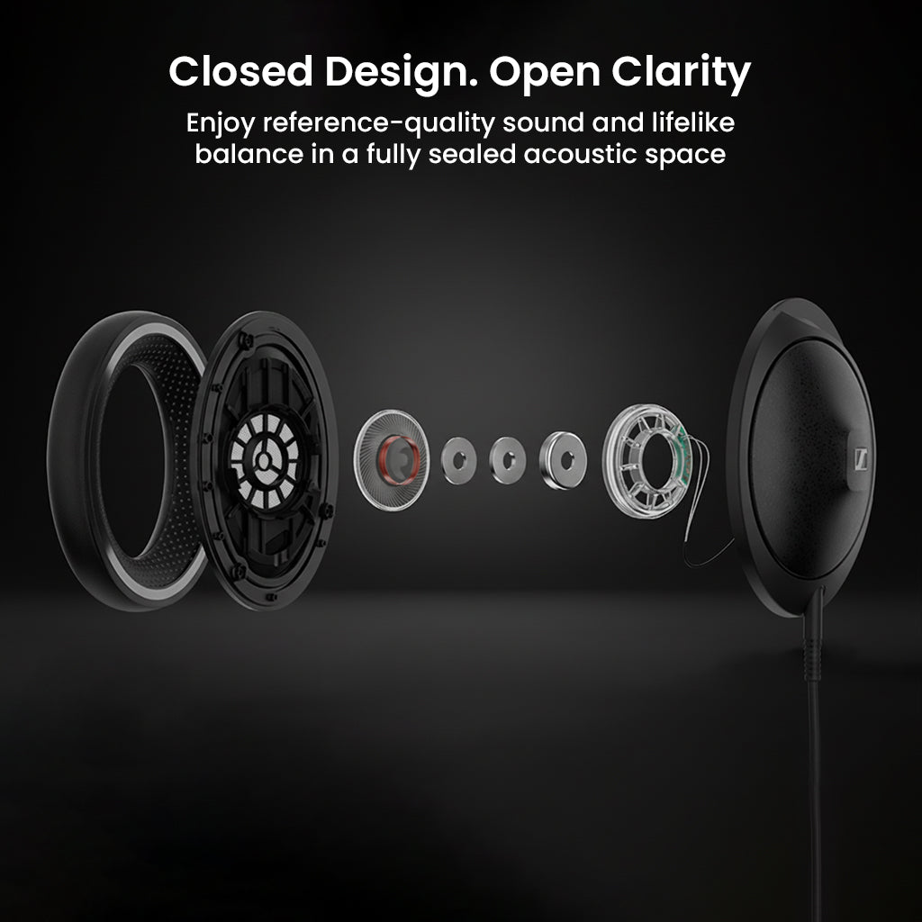 Exploded view of Sennheiser HD 620S headphone components showcasing 42mm dynamic drivers and sealed acoustic design for high-fidelity sound.
