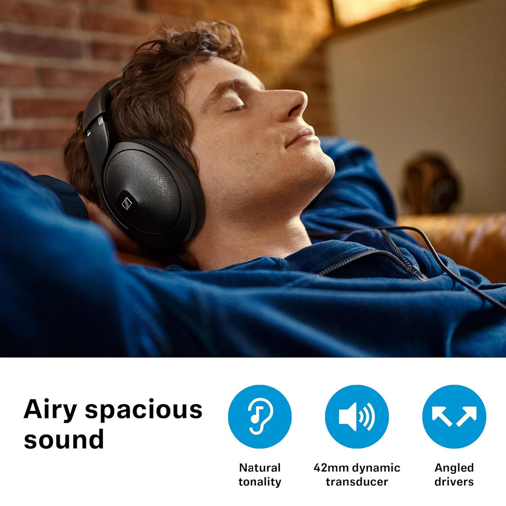 User relaxing with Sennheiser HD 620S headphones, emphasizing natural tonality, 42mm transducer, and angled drivers for airy spacious sound.