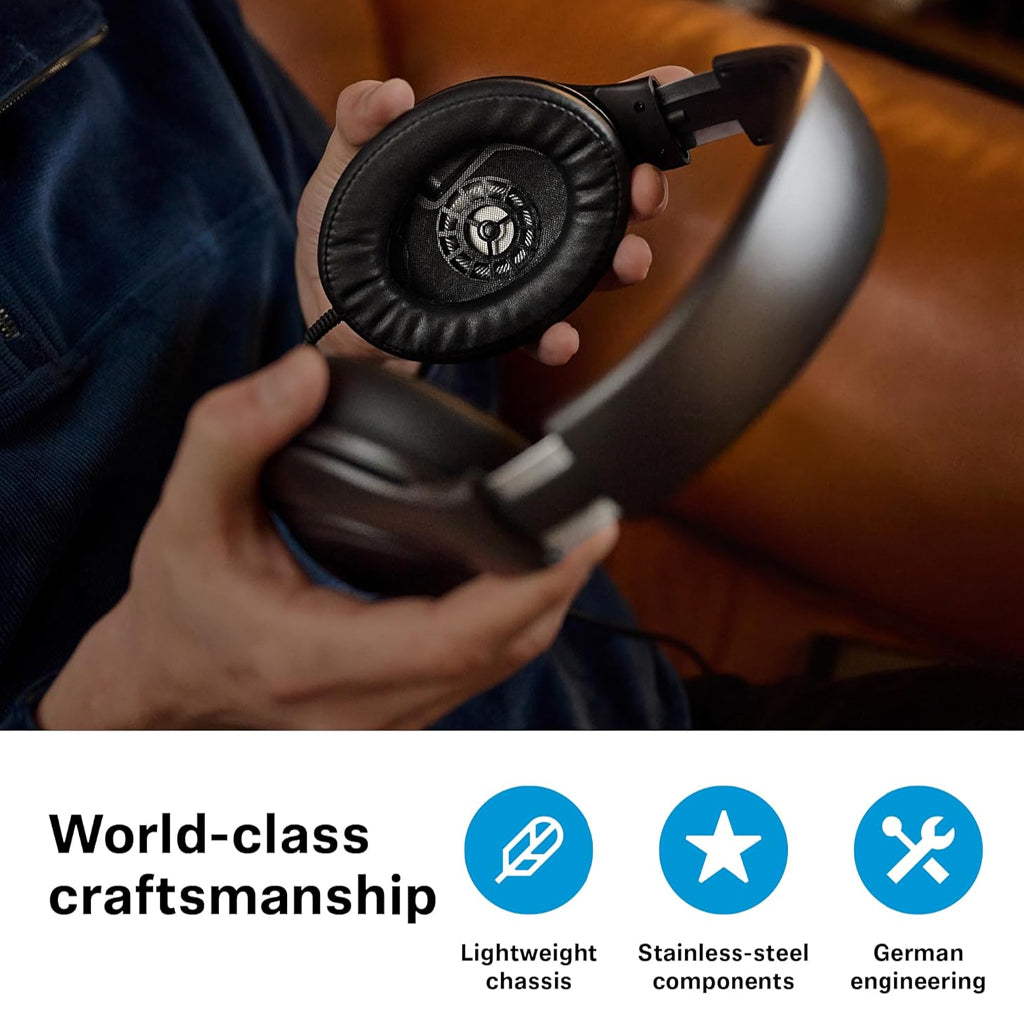 Close-up of Sennheiser HD 620S headphone interior, highlighting stainless-steel components, lightweight chassis, and German engineering.