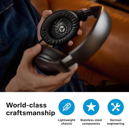 Close-up of Sennheiser HD 620S headphone interior, highlighting stainless-steel components, lightweight chassis, and German engineering.