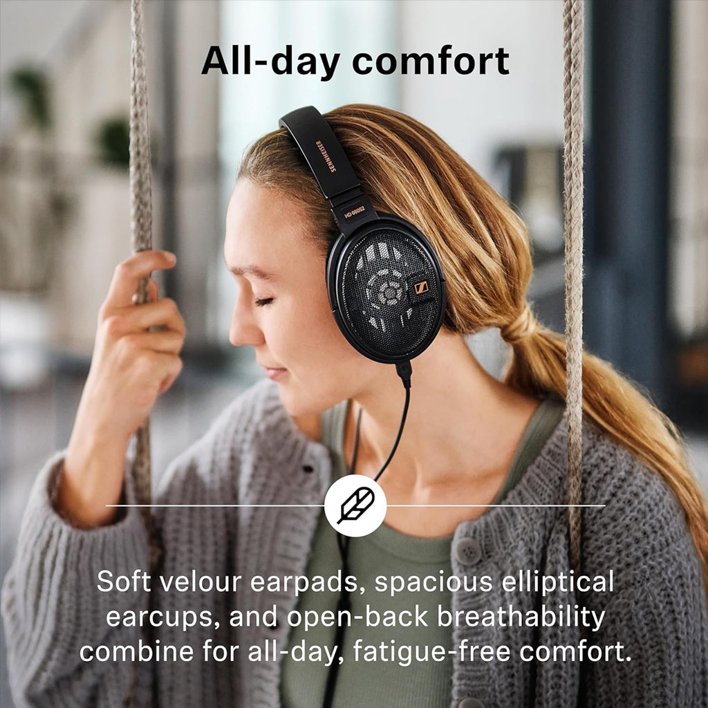 Woman enjoying HD 660S2 headphones with soft velour earpads and open-back design for all-day, fatigue-free comfort.